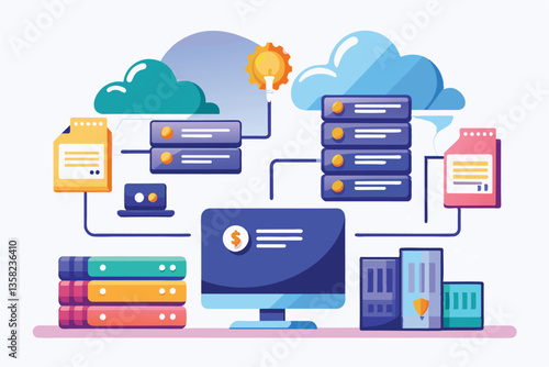 The visual represents a cloud hosting management system displaying data structures and components, Website hosting, management file on cloud