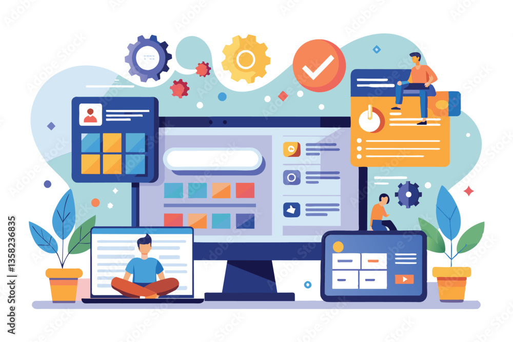A modern workspace featuring various devices displaying website programming tools and applications, website programming management A modern workspace featuring various devices displaying website programming tools and applications, website programming management