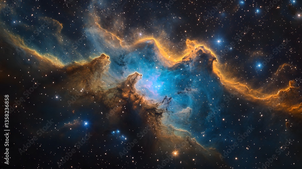 Obraz premium Detailed deep-space photograph of an emission nebula featuring vast pillars of cosmic gas and dust in contrasting shades of gold, blue, and brown, set against a star-filled background.