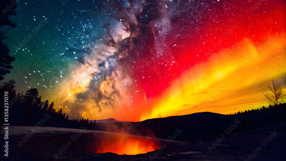 Obraz premium breathtaking cosmic portal opens in sky, revealing vibrant display of colors as Milky Way and auroras dance above geothermal feature