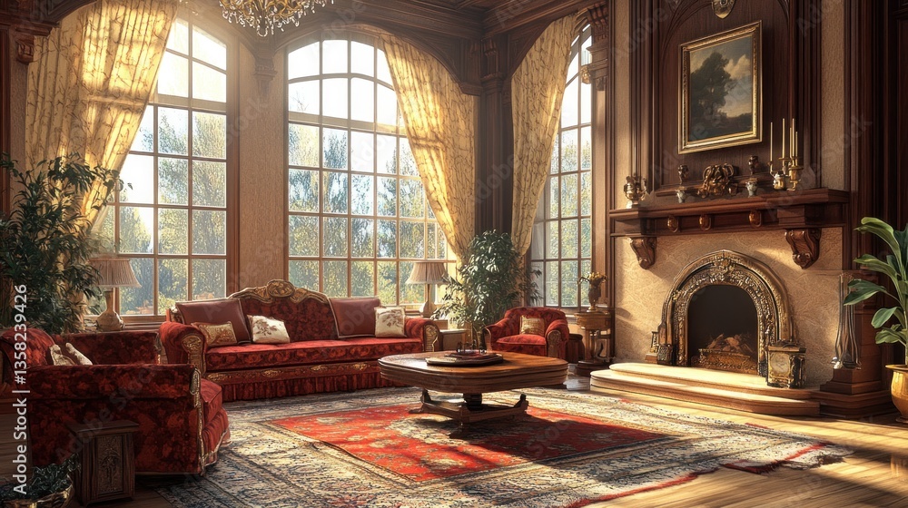 Obraz premium Sunlit Elegance: A Luxurious Living Room bathed in Golden Light