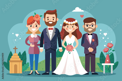 A joyful wedding gathering with a bride and groom holding hands, surrounded by friends in a lush garden, Wedding Customizable Disproportionate Illustration
