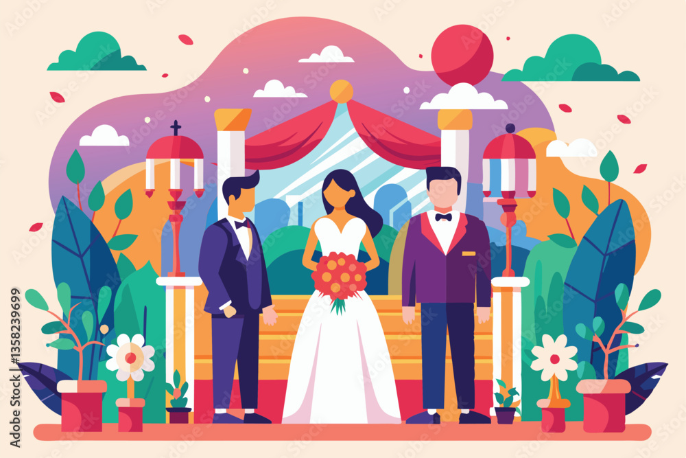 Obraz premium A bride stands with a groom and best man, surrounded by colorful flowers and decorations in a garden, Wedding Customizable Flat Illustration