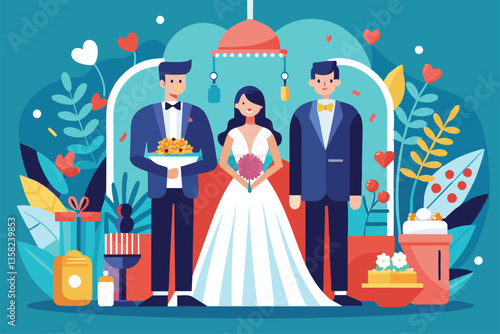 A bride stands in her elegant gown, flanked by two groomsmen in a lively and colorful atmosphere, Wedding Customizable Semi Flat Illustration