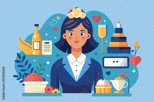 A wedding planner graphic showcases a planner with various wedding items like cakes and decorations in vibrant colors, Wedding planner Customizable Semi Flat Illustration