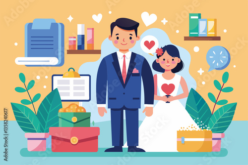 A cheerful wedding planner design with a bride and groom stands amidst decorative elements and wedding details, Wedding planner Customizable Semi Flat Illustration
