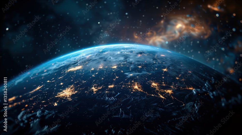 Fototapeta premium Earth as Seen from Space at Night with Starry Background 