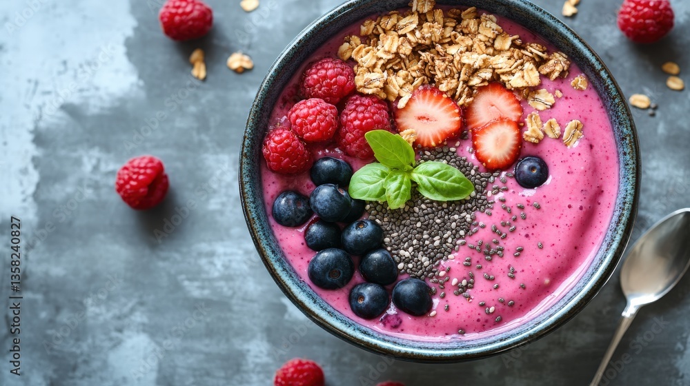 A colorful smoothie bowl garnished with fruits and granola displayed A colorful smoothie bowl garnished with fruits and granola displayed