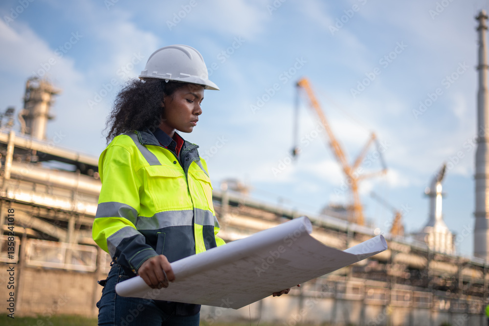Engineers wearing safety gear, including hard hats examining survey a large blueprint tablet standing industrial facility gas or oil refinery engaged in a job requires high safety standards concept. Engineers wearing safety gear, including hard hats examining survey a large blueprint tablet standing industrial facility gas or oil refinery engaged in a job requires high safety standards concept.