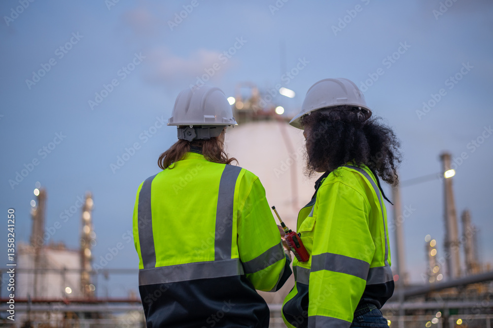 Obraz premium Engineers wearing safety gear, including hard hats examining survey a large blueprint tablet standing industrial facility gas or oil refinery engaged in a job requires high safety standards concept.
