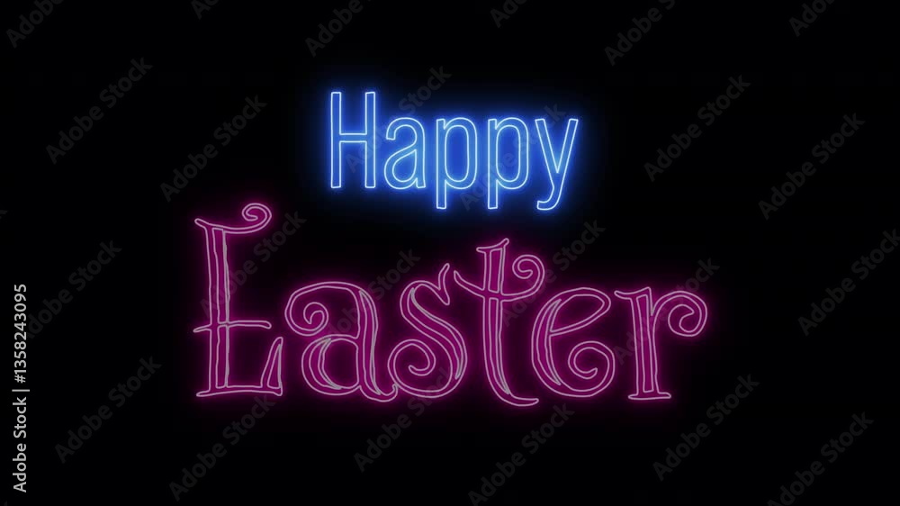 Neon illuminated happy easter creative greeting text element. Happy Easter Greeting Design with Happy Easter Illuminated Text, Neon Decorated Eggs and Cute Rabbit Ears Isolated on Black Background. Neon illuminated happy easter creative greeting text element. Happy Easter Greeting Design with Happy Easter Illuminated Text, Neon Decorated Eggs and Cute Rabbit Ears Isolated on Black Background.