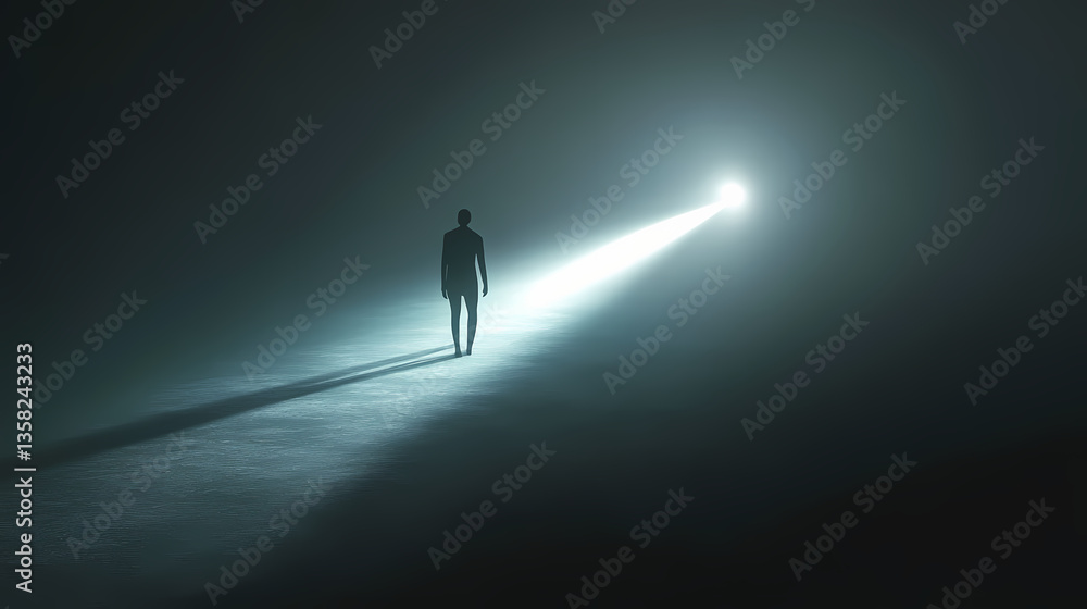 Solitary figure walking beam of light in darkness. Radiant Darkness. Illustration Solitary figure walking beam of light in darkness. Radiant Darkness. Illustration