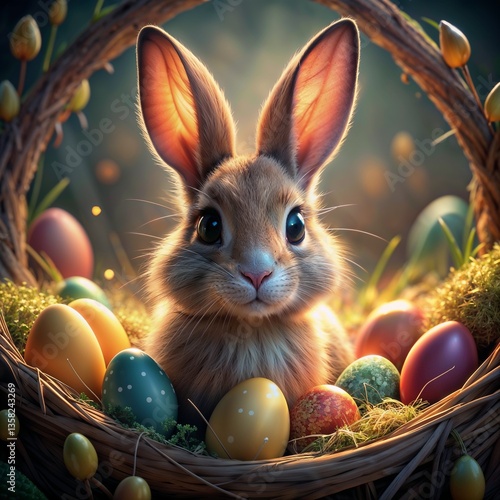 A charming rabbit with bright Easter eggs in a decorative nest, easter bunny and easter eggs