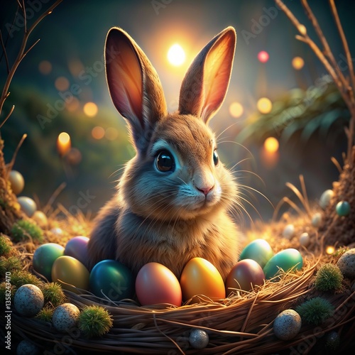 A delightful rabbit nestled among colorful Easter eggs in a beautiful nest, easter bunny with easter eggs