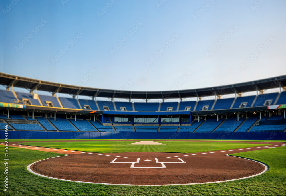 Fototapeta premium Empty baseball stadium with home plate and blue seats, AI generated