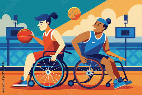 Two wheelchair basketball players compete energetically, showcasing teamwork and athletic skill, Wheelchair basketball Customizable Semi Flat Illustration
