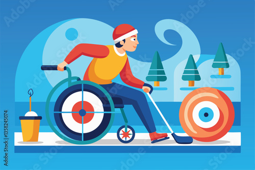 A person in a wheelchair is participating in a curling activity, targeting the center of a circle, Wheelchair curling Customizable Flat Illustration
