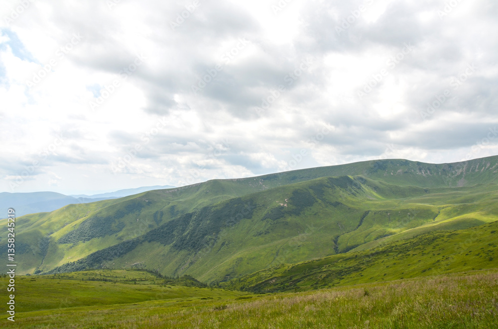 Tranquil landscape featuring rolling grassy mountains with soft clouds casting shadows across the terrain, revealing the peaceful beauty of nature. Carpathians, Ukraine Tranquil landscape featuring rolling grassy mountains with soft clouds casting shadows across the terrain, revealing the peaceful beauty of nature. Carpathians, Ukraine