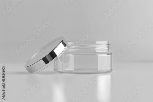 Sleek clear plastic jar with a gleaming silver lid for cosmetic packaging
