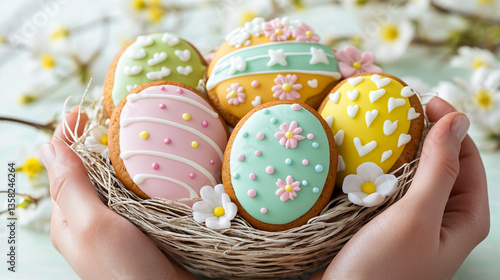 A pair of hands gently cradles a small bird's nest filled with beautifully decorated Easter egg-shaped cookies. Each cookie is adorned with pastel-colored icing. Horizontal, side view.