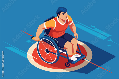 A skilled athlete in a wheelchair engages in an intense rugby match on a colorful field, Wheelchair rugby Customizable Isometric Illustration