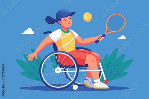 A young athlete in a wheelchair skillfully prepares to hit a tennis ball on a sunny day, Wheelchair tennis Customizable Disproportionate Illustration