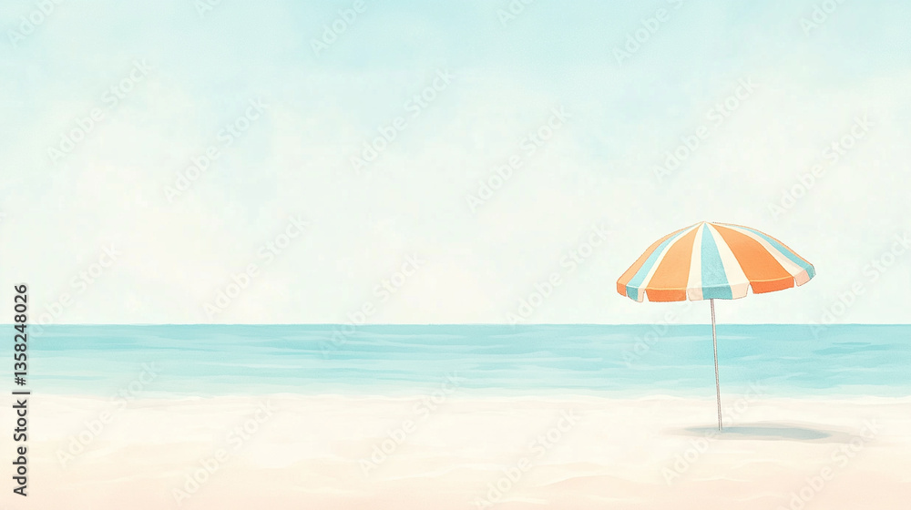 Watercolor beach umbrella illustration in peach and blue tones with copy space Watercolor beach umbrella illustration in peach and blue tones with copy space