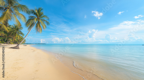 Wallpaper Mural Idyllic tropical beach with palm trees against vibrant blue sky with copy space Torontodigital.ca