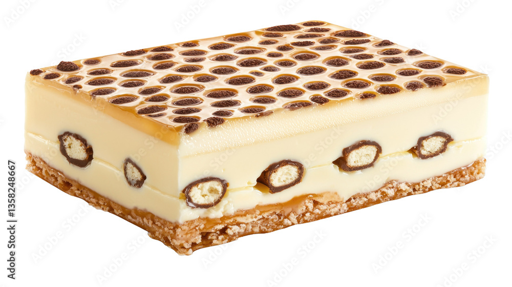 Creamy dessert slice with chocolate dots and layered texture on a white background Creamy dessert slice with chocolate dots and layered texture on a white background