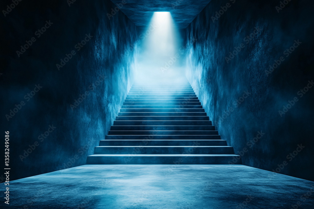 Mysterious Blue Staircase Leading to a Bright Glow in a Dark Environment Mysterious Blue Staircase Leading to a Bright Glow in a Dark Environment