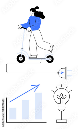 Woman riding an electric scooter connected to power plug, beside a growth bar chart and lit light bulb. Ideal for sustainability, energy, innovation, mobility, efficiency, growth creativity. Flat