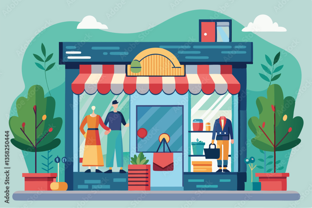 A vibrant storefront showcases customizable clothing options with mannequins on display, Window shopping Customizable Disproportionate Illustration A vibrant storefront showcases customizable clothing options with mannequins on display, Window shopping Customizable Disproportionate Illustration