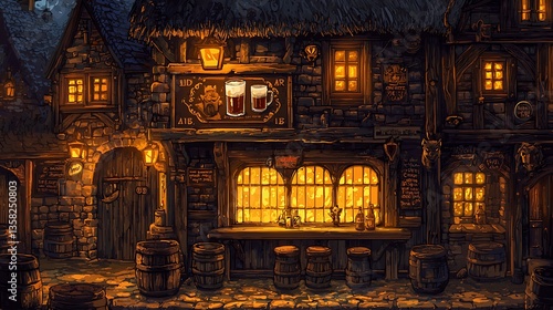Cozy pub at night in a medieval town.  Warmly lit establishment with wooden bar, and large barrels