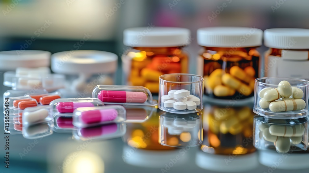 Variety of Capsules and Tablets Arranged on a Reflective Surface in a Health-Related Setting Variety of Capsules and Tablets Arranged on a Reflective Surface in a Health-Related Setting