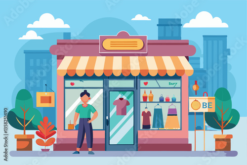 A person stands outside a colorful store displaying customizable clothing options in a vibrant city, Window shopping Customizable Semi Flat Illustration