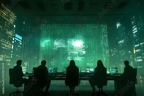 A group monitors data in futuristic technology filled room