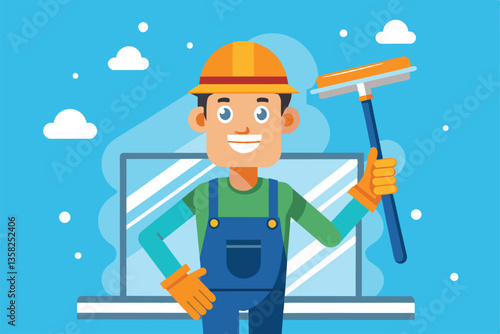 A worker is cleaning windows with a squeegee, smiling under a clear blue sky, ready for the task ahead, Window washer Customizable Semi Flat Illustration