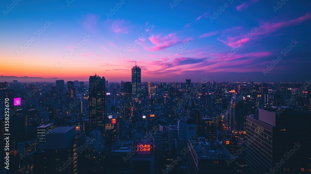 Fototapeta premium A High Angle View Over Illuminated City Buildings at Sunset