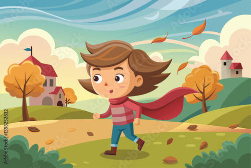 A child joyfully runs along a path, with leaves swirling around them on a breezy day in a picturesque setting, Windy day Customizable Cartoon Illustration