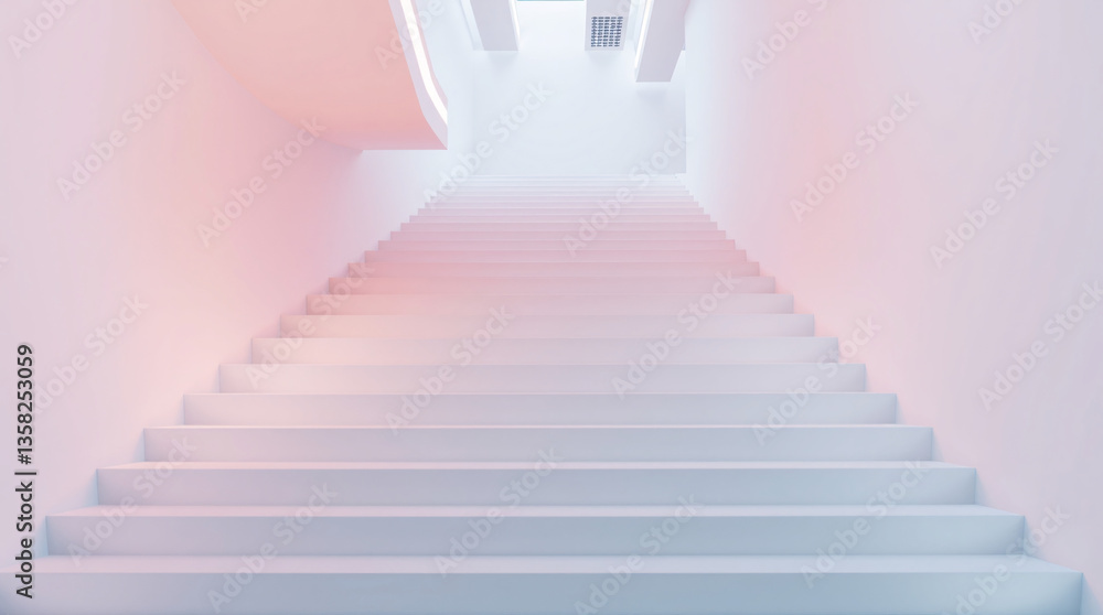 Obraz premium A modern, minimalist staircase with soft gradient lighting in pastel tones, creating a serene atmosphere.