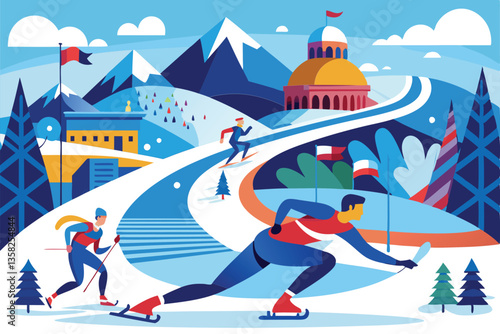 Athletes engage in various winter sports amidst snow-covered mountains and a vibrant, festive atmosphere, Winter olympics Customizable Semi Flat Illustration