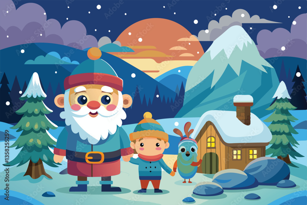 A cheerful scene representing the winter solstice with a character, a child, and a bird in a snowy setting, Winter solstice Customizable Cartoon Illustration A cheerful scene representing the winter solstice with a character, a child, and a bird in a snowy setting, Winter solstice Customizable Cartoon Illustration