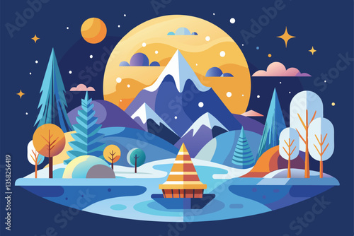 A tranquil winter solstice setting featuring mountains, trees, and a cozy boat on a serene river, Winter solstice Customizable Semi Flat Illustration