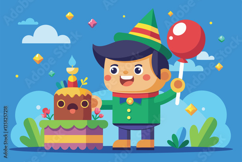 A happy child in bright clothes holds a lollipop next to a decorated cake, savoring a joyful moment, Wishes Customizable Cartoon Illustration