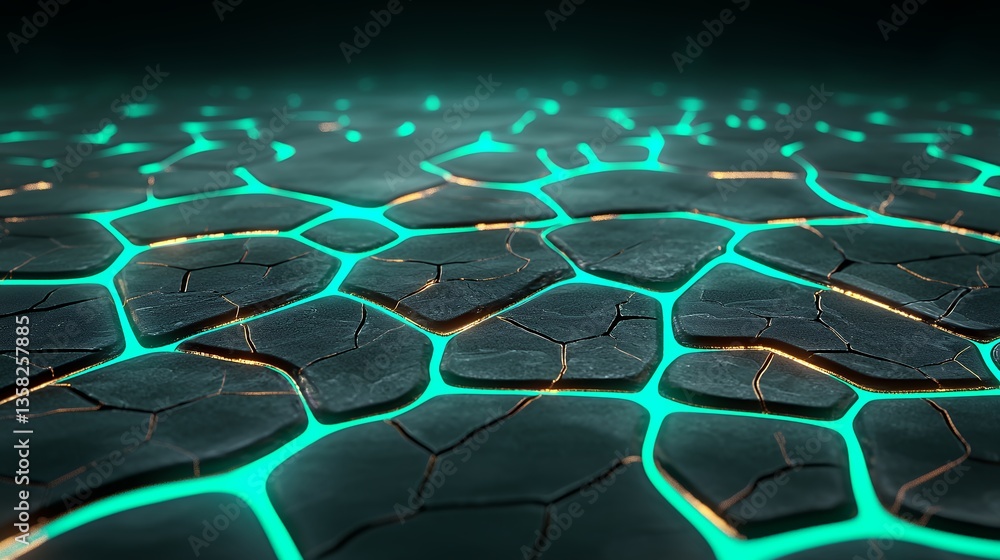 Fototapeta premium Abstract Teal Neon Glowing Lines on Cracked Dark Surface