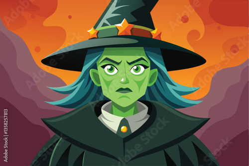 A unique witch stands confidently, showcasing a vibrant, stylized look with exaggerated features and colors, Witch Customizable Disproportionate Illustration