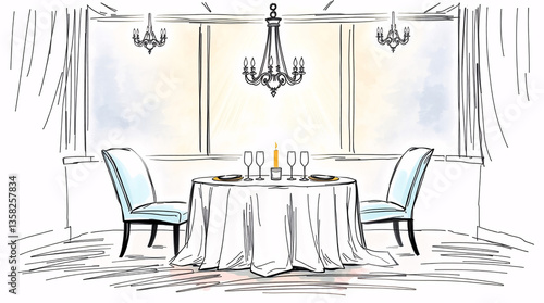 A minimalist sketch of a romantic dining setup with wine glasses and elegant chairs.