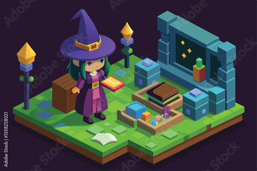 A witch stands in her enchanting study surrounded by books, potions, and mystical artifacts, Witch Customizable Isometric Illustration
