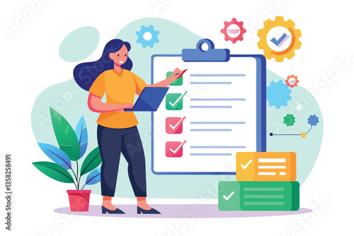 A woman examines a trending list, pointing at a clipboard surrounded by colorful gears and plants, Woman analyzing full list trending