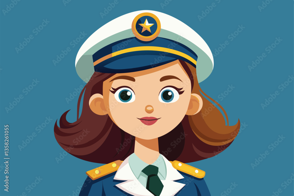 A cartoon illustration features a woman captain wearing a navy uniform and a stylish hat with a star, Woman captain Customizable Cartoon Illustration A cartoon illustration features a woman captain wearing a navy uniform and a stylish hat with a star, Woman captain Customizable Cartoon Illustration